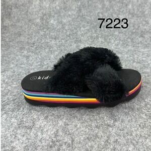 Kidpik Girls Size 2 Black Faux Fur Slide Sandals Platform Slip On Slides